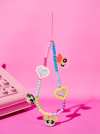 THE POWERPUFF GIRLS X Fashionable & Cute Blossom, Bubbles, Buttercup Pattern Acrylic Handmade Beaded Faux Pearl Phone Lanyard, Colorful Phone Charm Pendant,Y2K