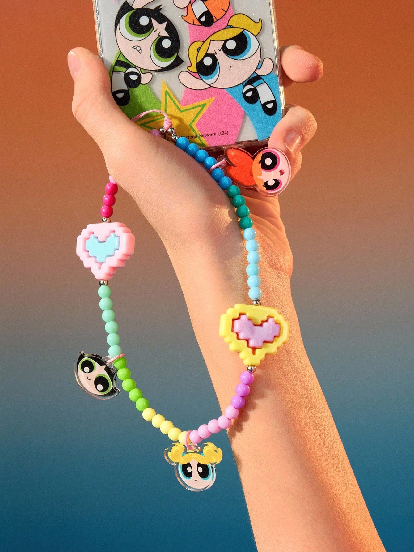 THE POWERPUFF GIRLS X Fashionable & Cute Blossom, Bubbles, Buttercup Pattern Acrylic Handmade Beaded Faux Pearl Phone Lanyard, Colorful Phone Charm Pendant,Y2K
