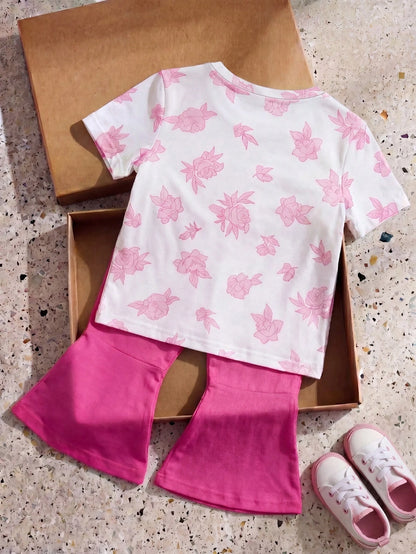THE POWERPUFF GIRLS X GraphicGems Baby Girl Casual Everyday Commute Sweet Cute Cartoon Floral & Letter Print Short Sleeve T-Shirt And Flare Pants Set, Spring/Summer/Autumn