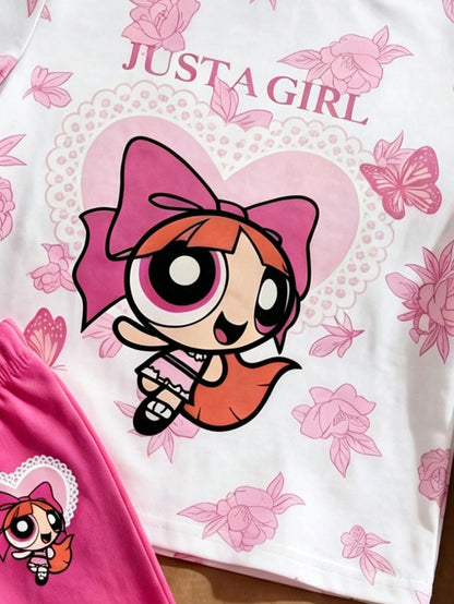 THE POWERPUFF GIRLS X GraphicGems Baby Girl Casual Everyday Commute Sweet Cute Cartoon Floral & Letter Print Short Sleeve T-Shirt And Flare Pants Set, Spring/Summer/Autumn