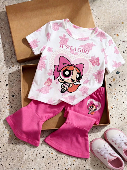 THE POWERPUFF GIRLS X GraphicGems Baby Girl Casual Everyday Commute Sweet Cute Cartoon Floral & Letter Print Short Sleeve T-Shirt And Flare Pants Set, Spring/Summer/Autumn