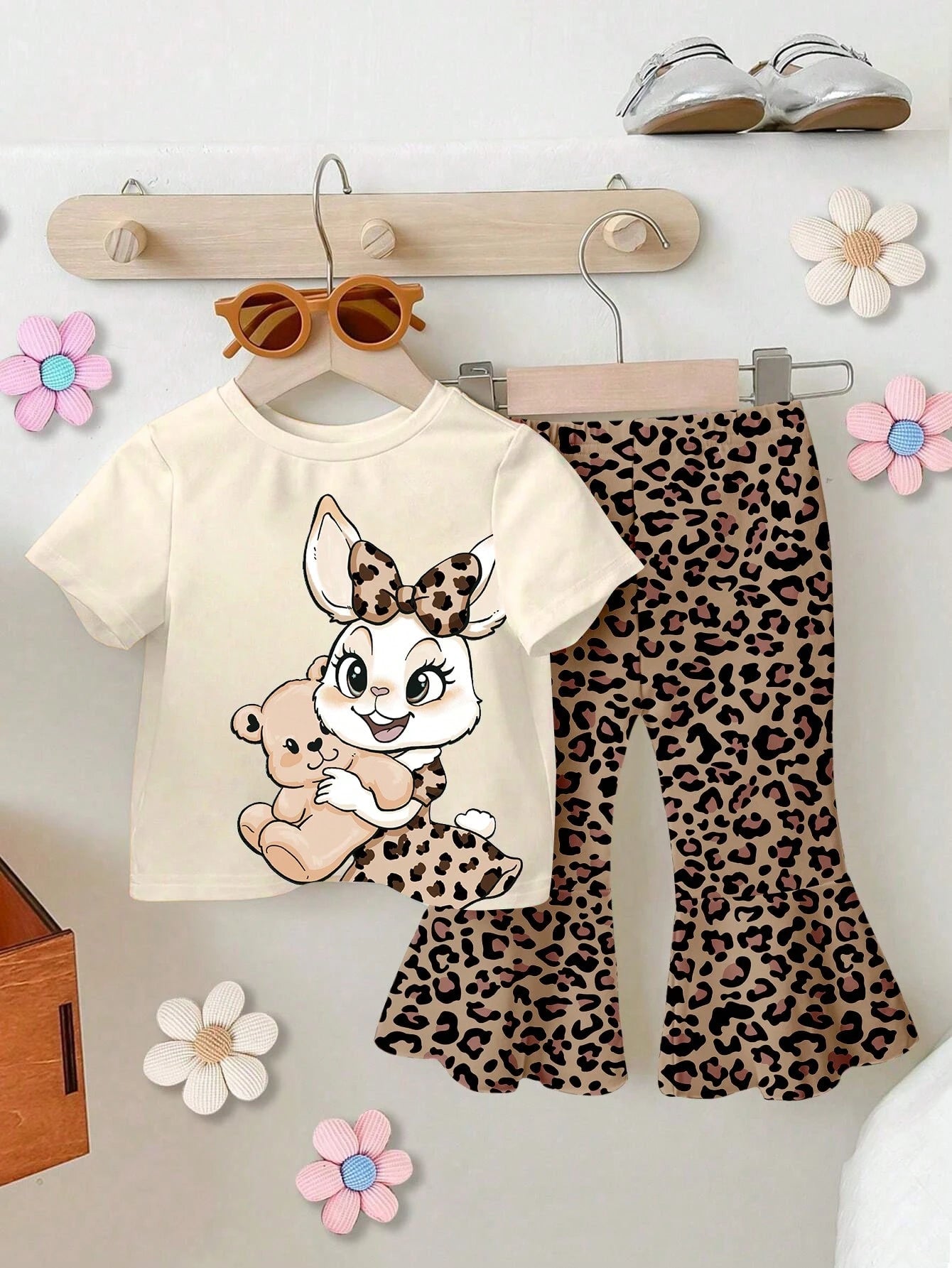 THE POWERPUFF GIRLS X GraphicGems Baby Girl Casual Everyday Commute Sweet Cute Cartoon Floral & Letter Print Short Sleeve T-Shirt And Flare Pants Set, Spring/Summer/Autumn