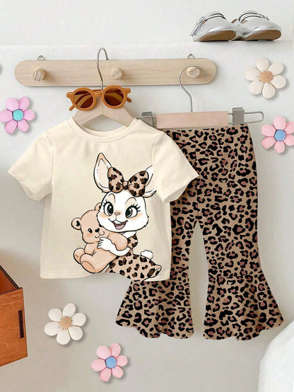 THE POWERPUFF GIRLS X GraphicGems Baby Girl Casual Everyday Commute Sweet Cute Cartoon Floral & Letter Print Short Sleeve T-Shirt And Flare Pants Set, Spring/Summer/Autumn