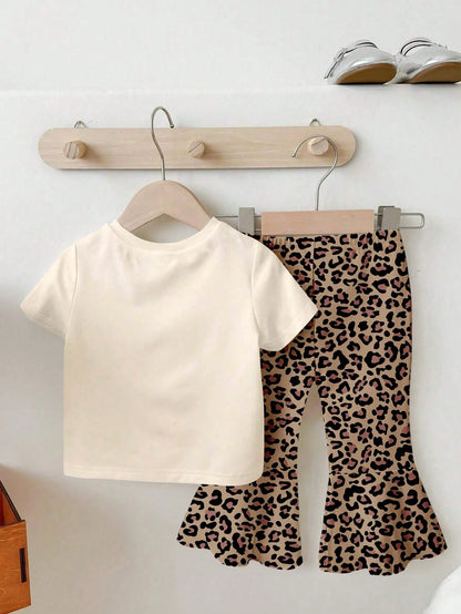 THE POWERPUFF GIRLS X GraphicGems Baby Girl Casual Everyday Commute Sweet Cute Cartoon Floral & Letter Print Short Sleeve T-Shirt And Flare Pants Set, Spring/Summer/Autumn