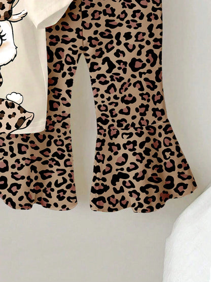 THE POWERPUFF GIRLS X GraphicGems Baby Girl Casual Everyday Commute Sweet Cute Cartoon Floral & Letter Print Short Sleeve T-Shirt And Flare Pants Set, Spring/Summer/Autumn