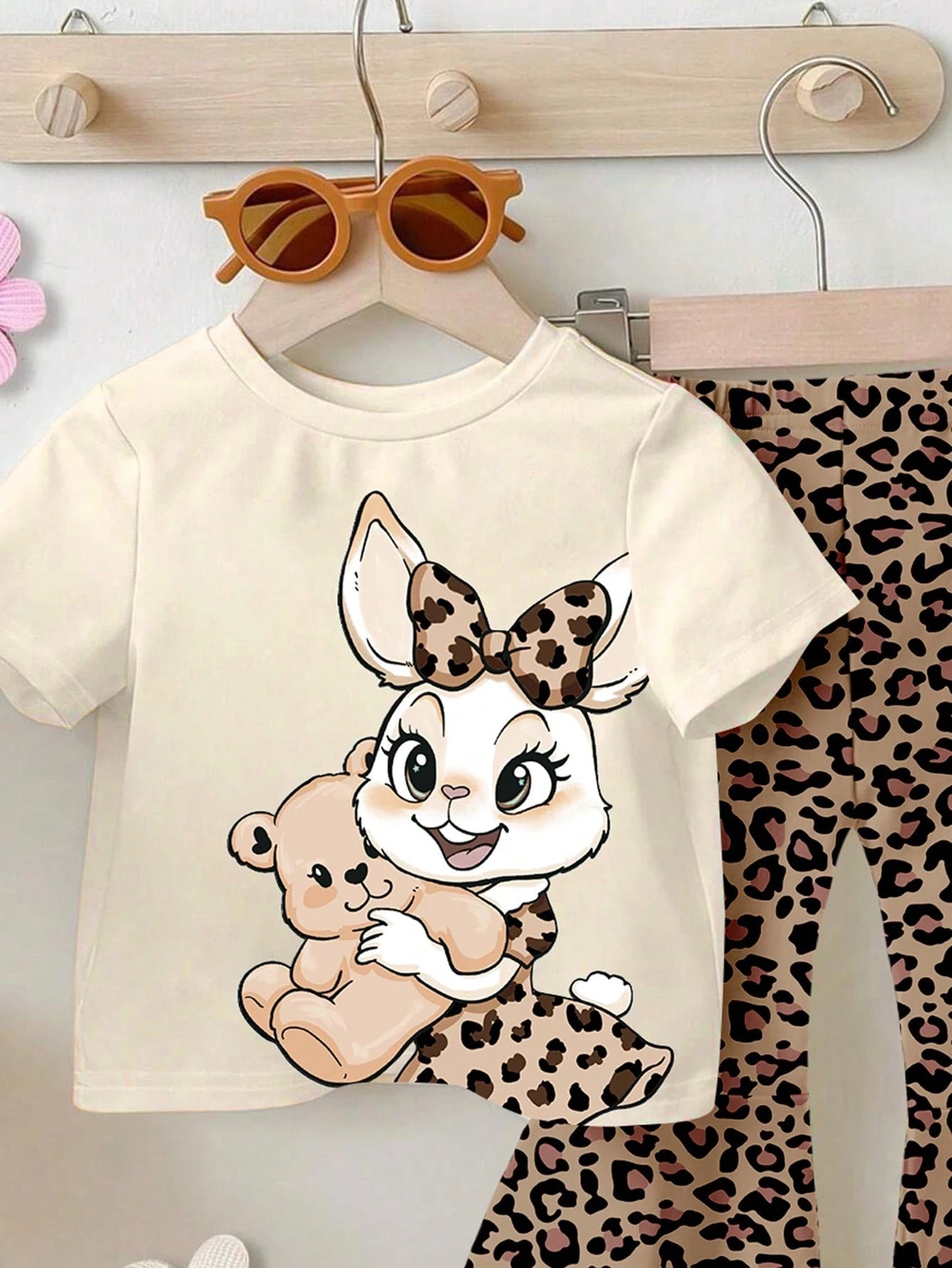 THE POWERPUFF GIRLS X GraphicGems Baby Girl Casual Everyday Commute Sweet Cute Cartoon Floral & Letter Print Short Sleeve T-Shirt And Flare Pants Set, Spring/Summer/Autumn