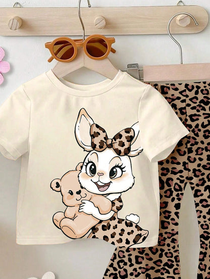 THE POWERPUFF GIRLS X GraphicGems Baby Girl Casual Everyday Commute Sweet Cute Cartoon Floral & Letter Print Short Sleeve T-Shirt And Flare Pants Set, Spring/Summer/Autumn