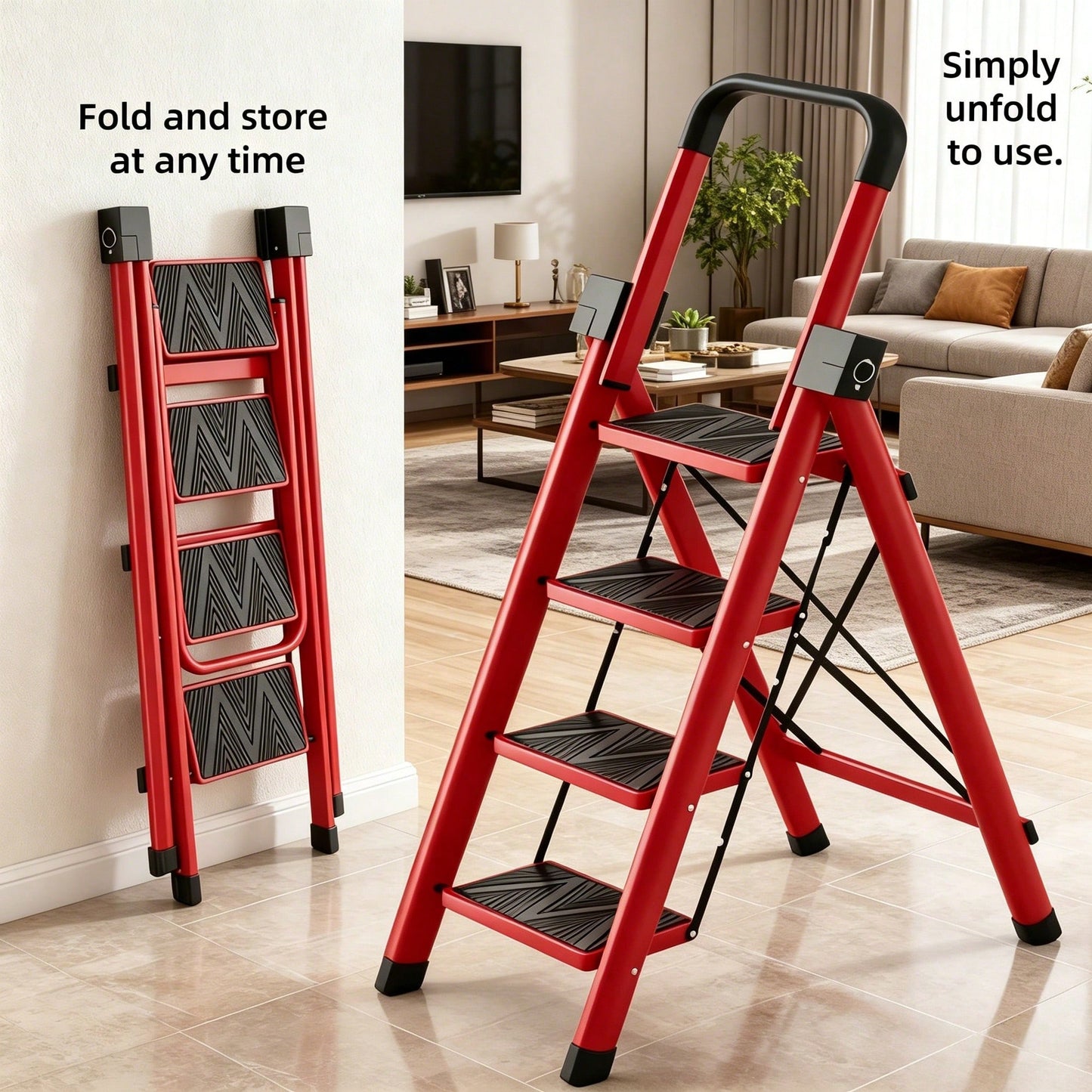 Thickened 5/4/3/2 Step Heavy Duty Folding Step Ladder With Handrail, 350LBS High Load Capacity Wide Non-Slip Pedal Stool, Sturdy & No Wobble, Lightweight Space Saving Household Ladder For Kitchen Clos