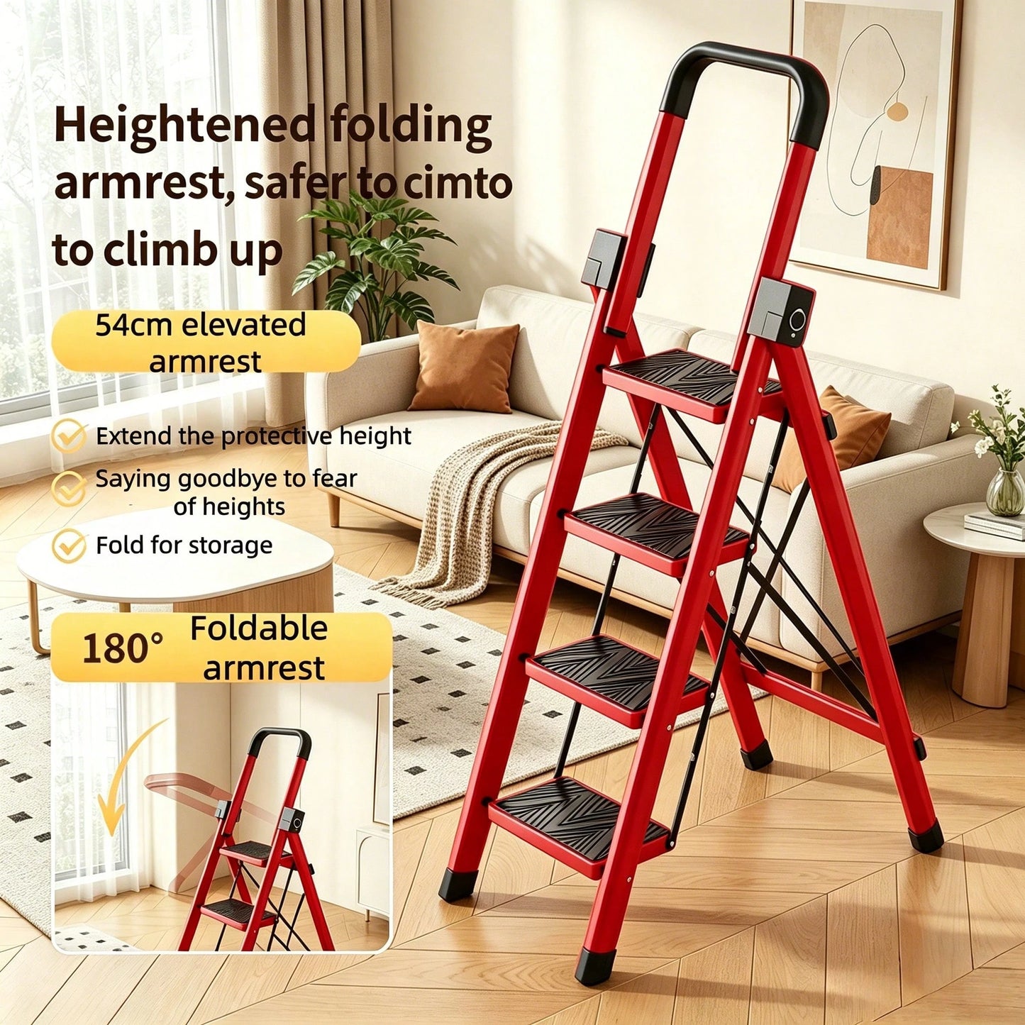 Thickened 5/4/3/2 Step Heavy Duty Folding Step Ladder With Handrail, 550LBS High Load Capacity Wide Non-Slip Pedal Stool, Sturdy & No Wobble, Lightweight Space Saving Household Ladder For Kitchen Clos
