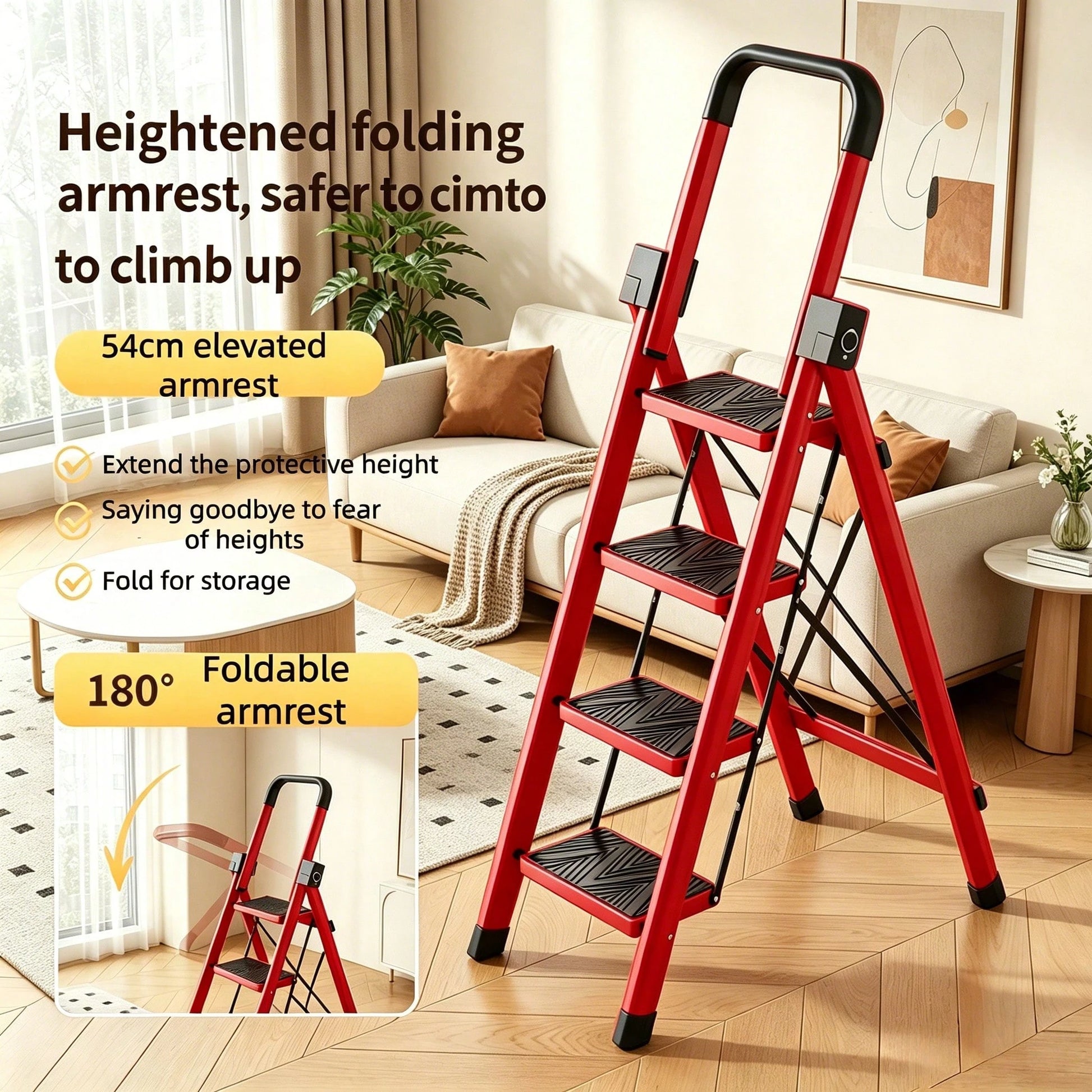 Thickened 5/4/3/2 Step Heavy Duty Folding Step Ladder With Handrail, 550LBS High Load Capacity Wide Non-Slip Pedal Stool, Sturdy & No Wobble, Lightweight Space Saving Household Ladder For Kitchen Clos