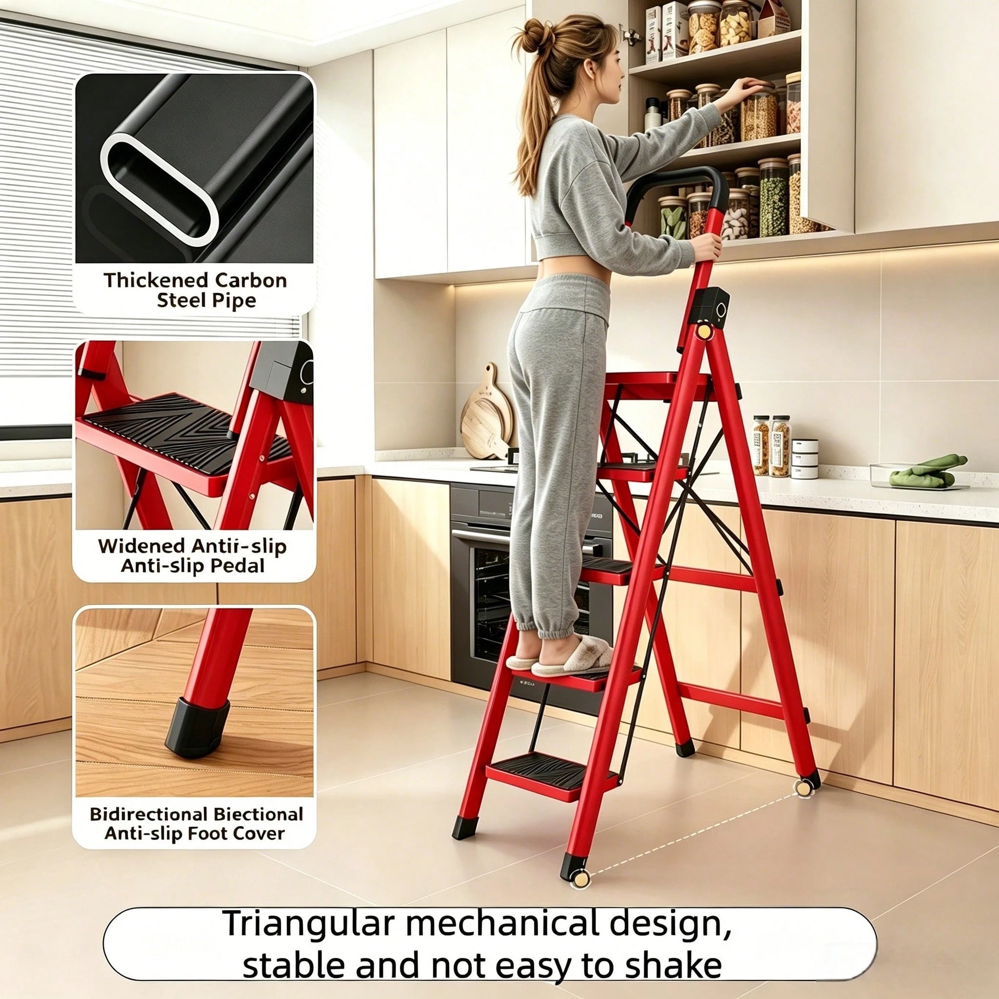 Thickened 5/4/3/2 Step Heavy Duty Folding Step Ladder With Handrail, 550LBS High Load Capacity Wide Non-Slip Pedal Stool, Sturdy & No Wobble, Lightweight Space Saving Household Ladder For Kitchen Clos