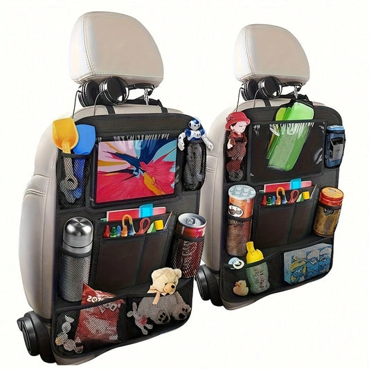 This 2-Piece Car Rear Seat Storage Bag Set Features A Flat Stand, 9 Storage Pockets, A USB/ Headphone Jack, And A Backrest Protector. With A Multi-Functional Design, It Enhances The Storage And Conven