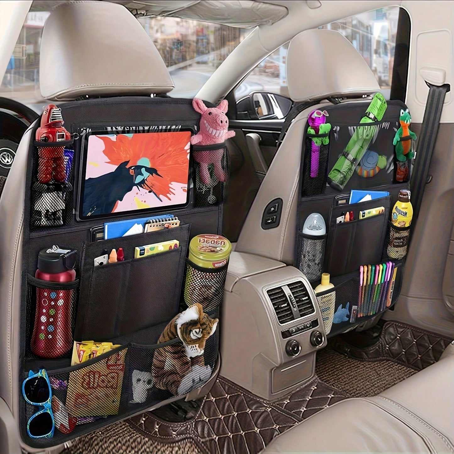 This 2-Piece Car Rear Seat Storage Bag Set Features A Flat Stand, 9 Storage Pockets, A USB/ Headphone Jack, And A Backrest Protector. With A Multi-Functional Design, It Enhances The Storage And Conven