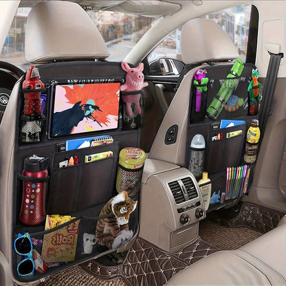 This 2-Piece Car Rear Seat Storage Bag Set Features A Flat Stand, 9 Storage Pockets, A USB/ Headphone Jack, And A Backrest Protector. With A Multi-Functional Design, It Enhances The Storage And Conven