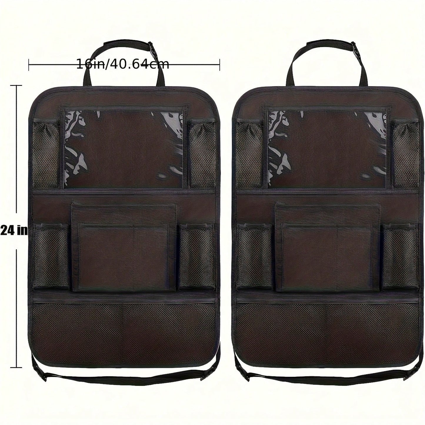 This 2-Piece Car Rear Seat Storage Bag Set Features A Flat Stand, 9 Storage Pockets, A USB/ Headphone Jack, And A Backrest Protector. With A Multi-Functional Design, It Enhances The Storage And Conven