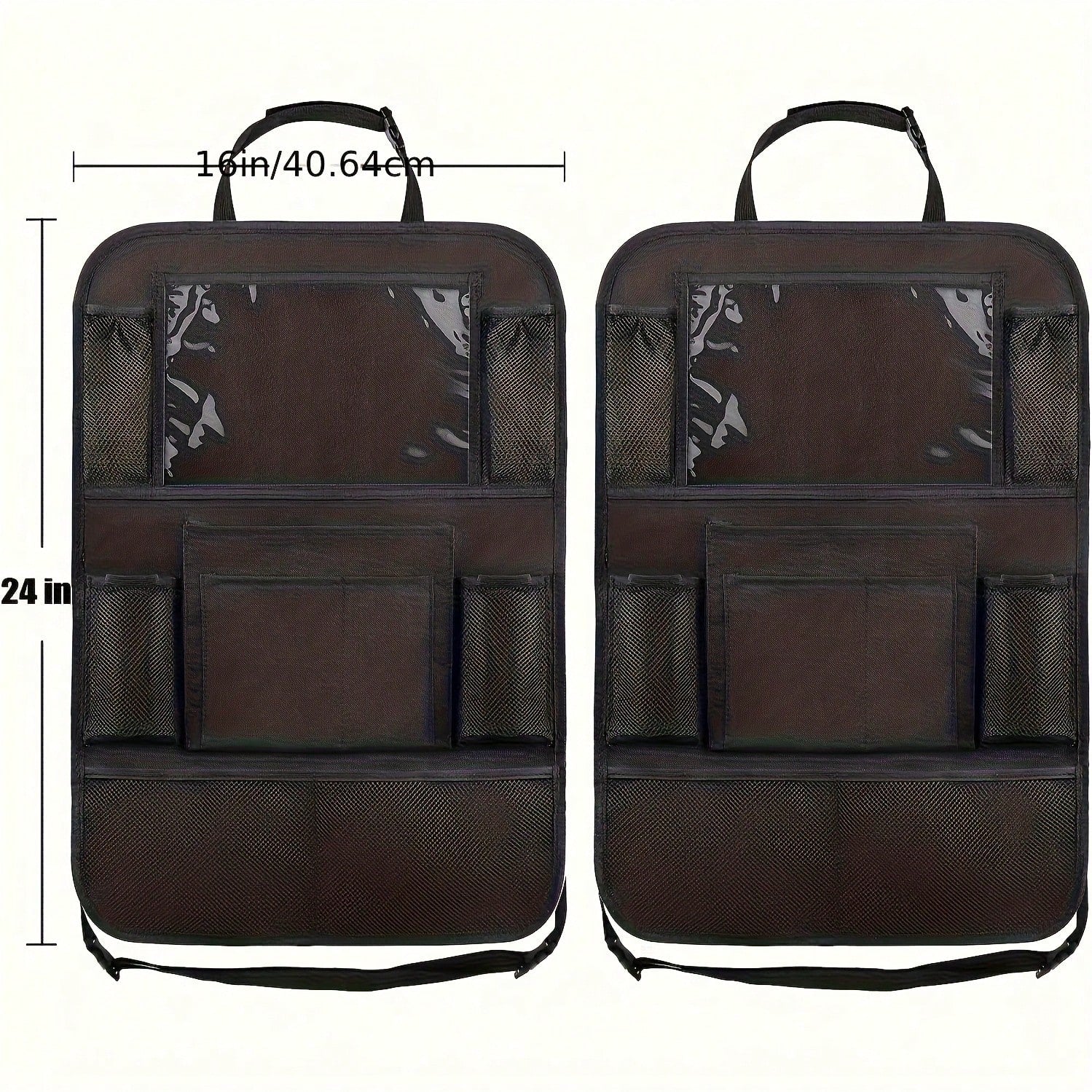 This 2-Piece Car Rear Seat Storage Bag Set Features A Flat Stand, 9 Storage Pockets, A USB/ Headphone Jack, And A Backrest Protector. With A Multi-Functional Design, It Enhances The Storage And Conven