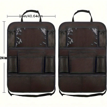 This 2-Piece Car Rear Seat Storage Bag Set Features A Flat Stand, 9 Storage Pockets, A USB/ Headphone Jack, And A Backrest Protector. With A Multi-Functional Design, It Enhances The Storage And Conven