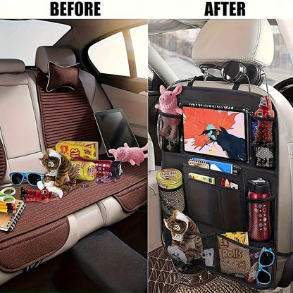 This 2-Piece Car Rear Seat Storage Bag Set Features A Flat Stand, 9 Storage Pockets, A USB/ Headphone Jack, And A Backrest Protector. With A Multi-Functional Design, It Enhances The Storage And Conven
