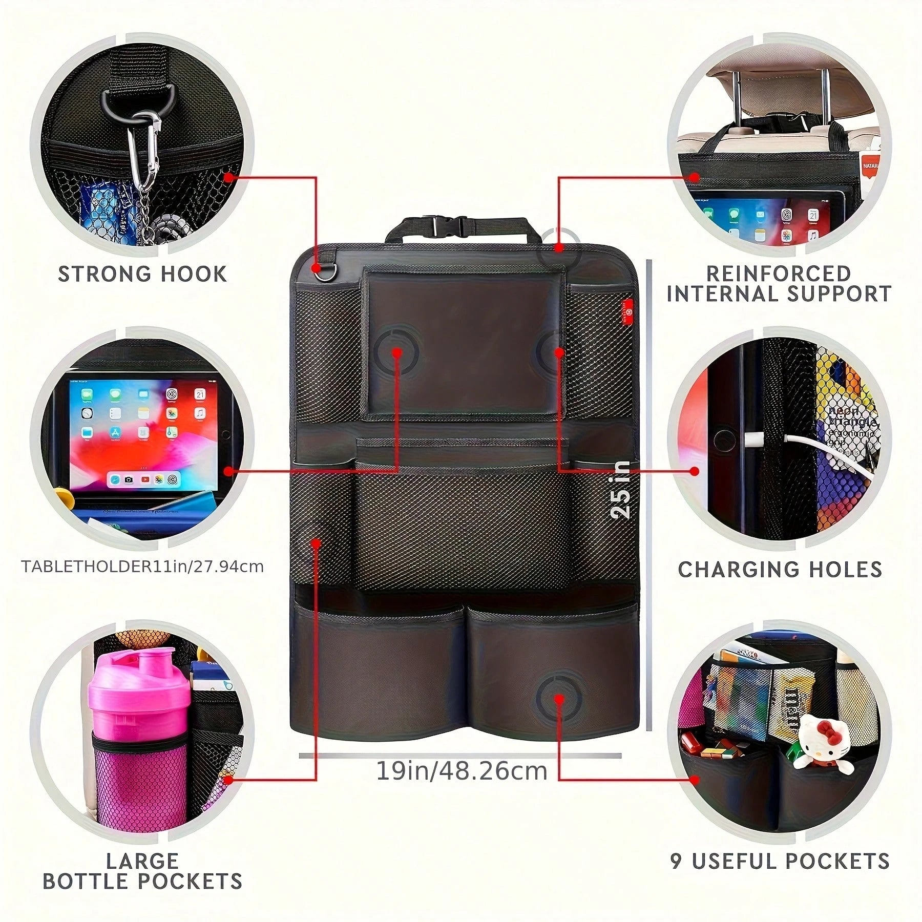 This 2-Piece Car Rear Seat Storage Bag Set Features A Flat Stand, 9 Storage Pockets, A USB/ Headphone Jack, And A Backrest Protector. With A Multi-Functional Design, It Enhances The Storage And Conven