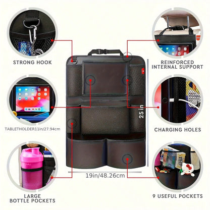 This 2-Piece Car Rear Seat Storage Bag Set Features A Flat Stand, 9 Storage Pockets, A USB/ Headphone Jack, And A Backrest Protector. With A Multi-Functional Design, It Enhances The Storage And Conven