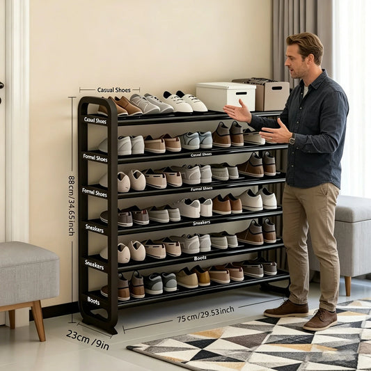This 6-Tier Shoe Rack Combines Durable Plastic And Sturdy Metal Materials For Long-Lasting Use. Crafted With Elaborate Multi-Layer Iron Art Techniques And Wood-Free Construction, It Features A Sleek