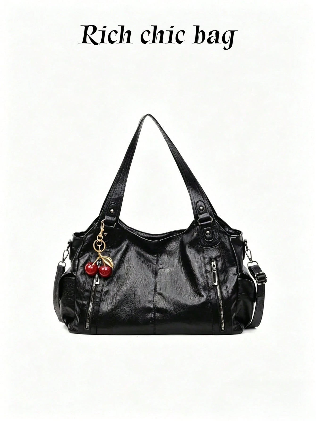 This Classic And Fashionable New Multi-Functional Black Color Shoulder Bag Is Designed With A Large Capacity Vintage PU Material,With Cherry Pendant
