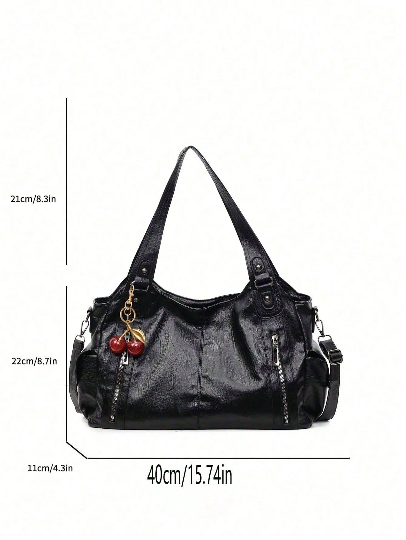 This Classic And Fashionable New Multi-Functional Black Color Shoulder Bag Is Designed With A Large Capacity Vintage PU Material,With Cherry Pendant