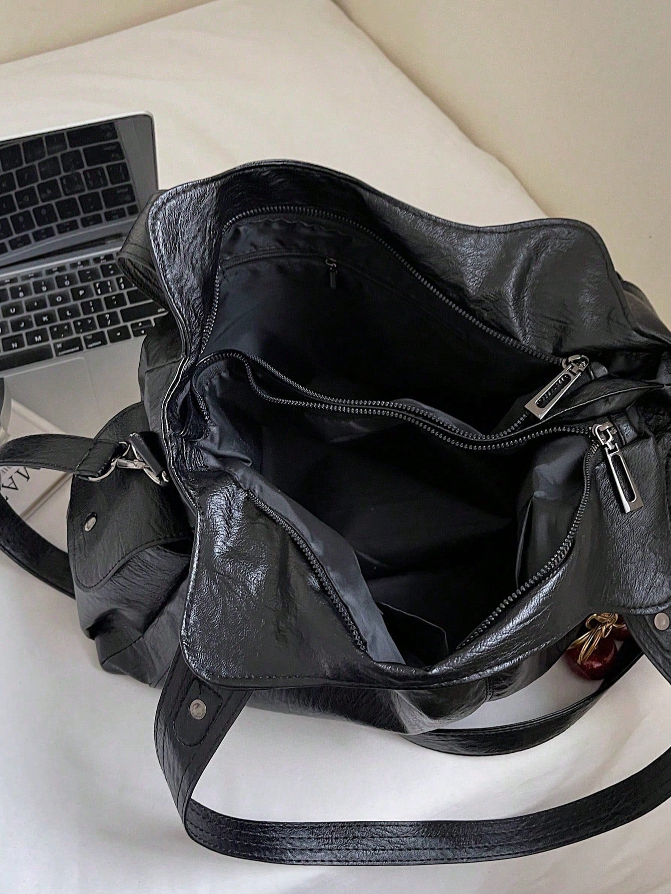 This Classic And Fashionable New Multi-Functional Black Color Shoulder Bag Is Designed With A Large Capacity Vintage PU Material,With Cherry Pendant