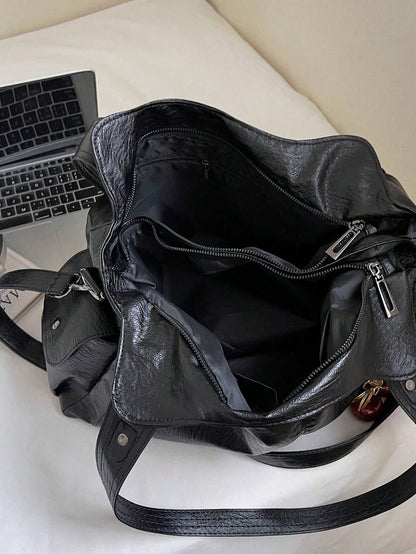 This Classic And Fashionable New Multi-Functional Black Color Shoulder Bag Is Designed With A Large Capacity Vintage PU Material,With Cherry Pendant
