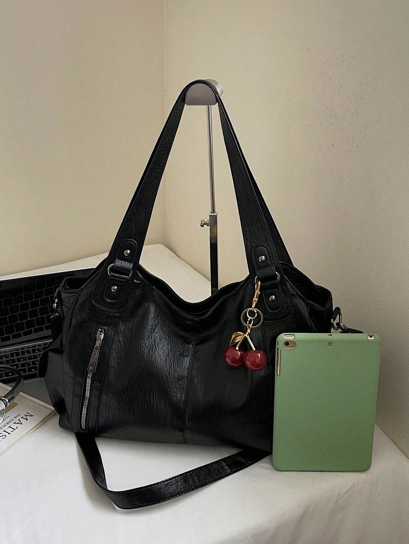This Classic And Fashionable New Multi-Functional Black Color Shoulder Bag Is Designed With A Large Capacity Vintage PU Material,With Cherry Pendant