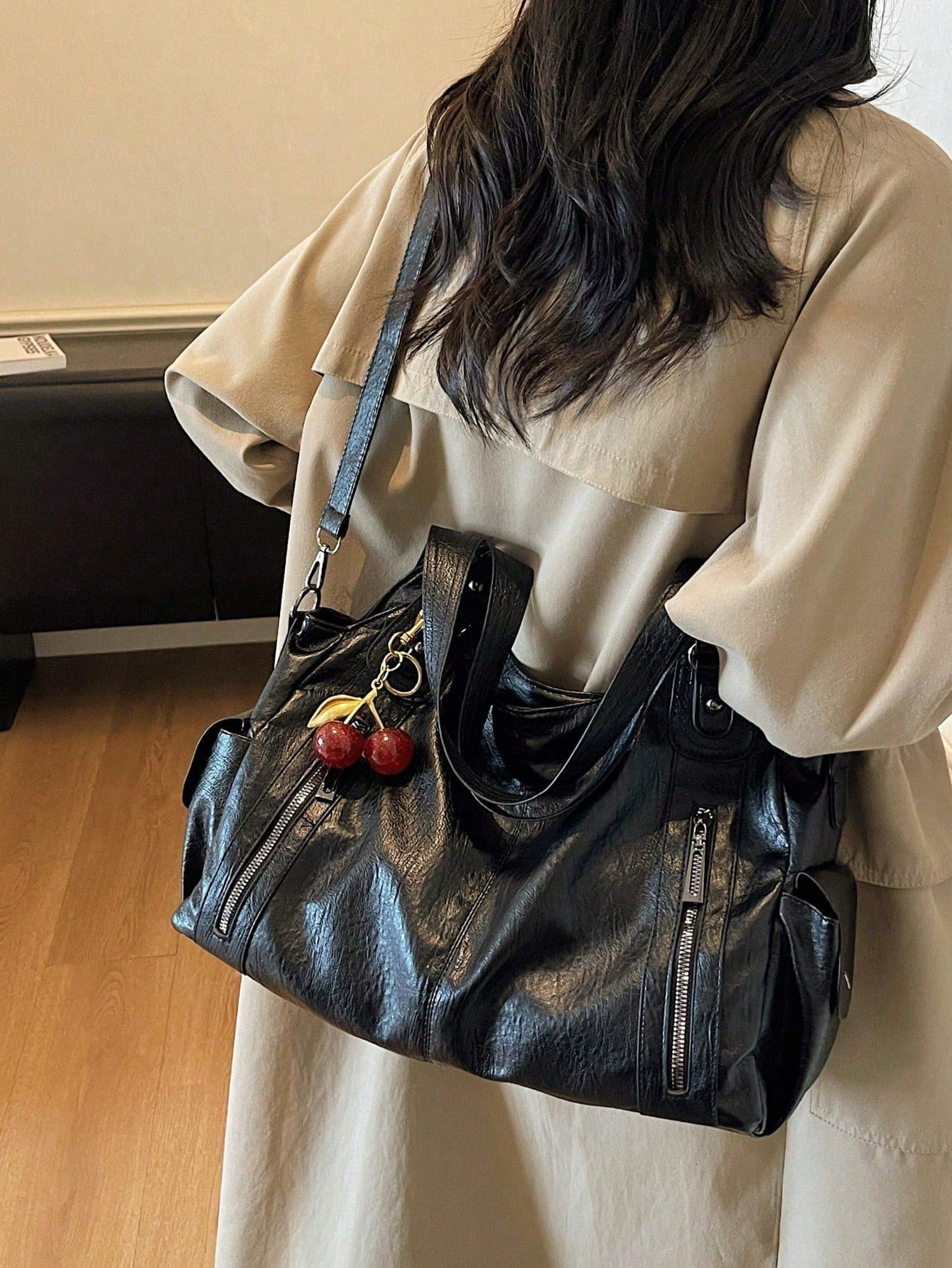 This Classic And Fashionable New Multi-Functional Black Color Shoulder Bag Is Designed With A Large Capacity Vintage PU Material,With Cherry Pendant