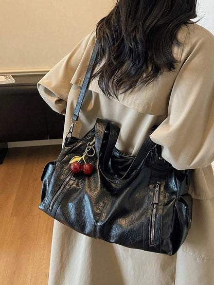 This Classic And Fashionable New Multi-Functional Black Color Shoulder Bag Is Designed With A Large Capacity Vintage PU Material,With Cherry Pendant