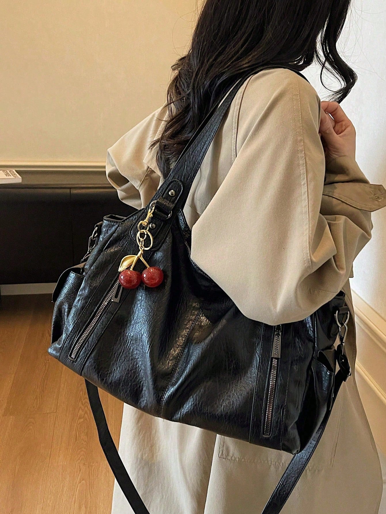 This Classic And Fashionable New Multi-Functional Black Color Shoulder Bag Is Designed With A Large Capacity Vintage PU Material,With Cherry Pendant