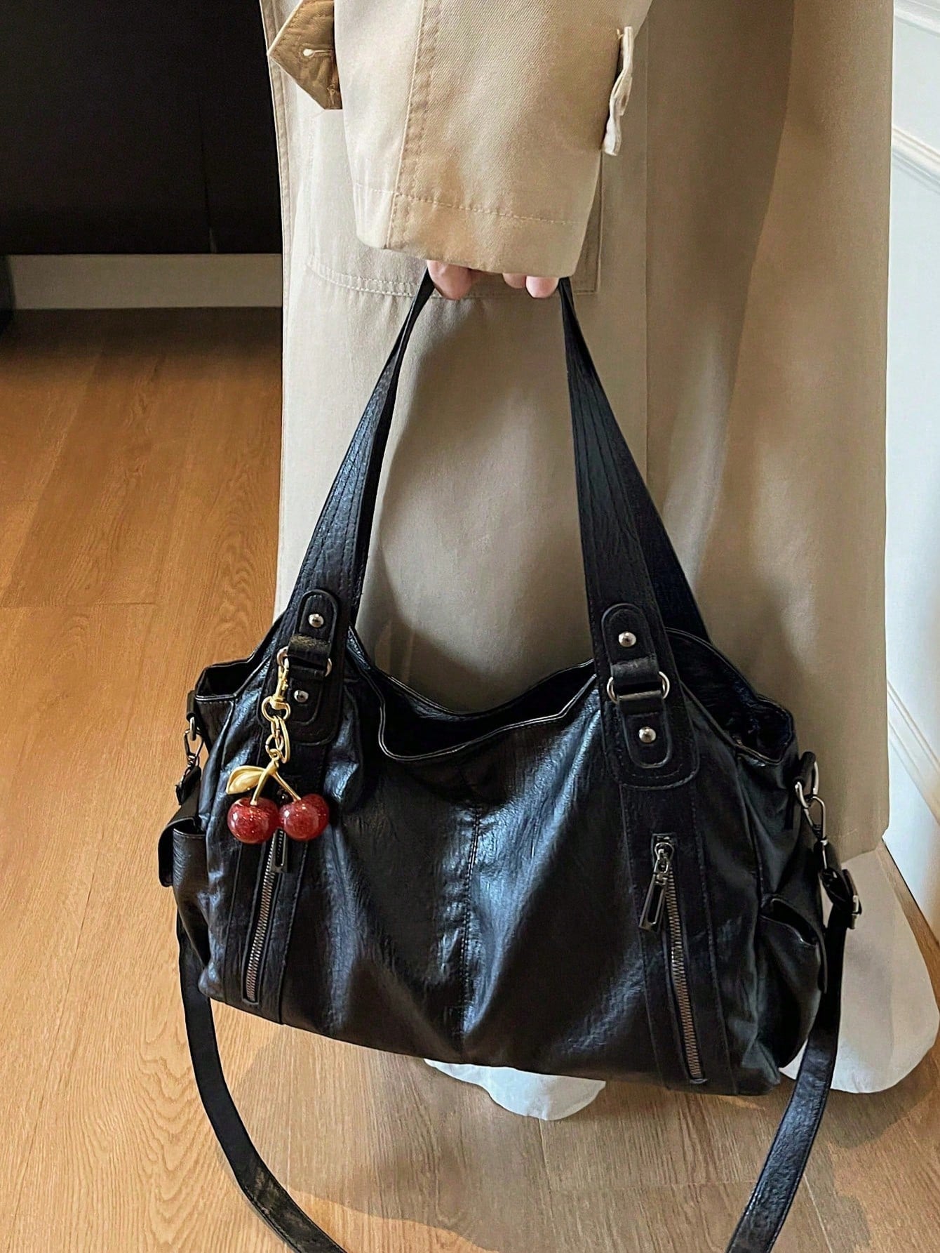 This Classic And Fashionable New Multi-Functional Black Color Shoulder Bag Is Designed With A Large Capacity Vintage PU Material,With Cherry Pendant