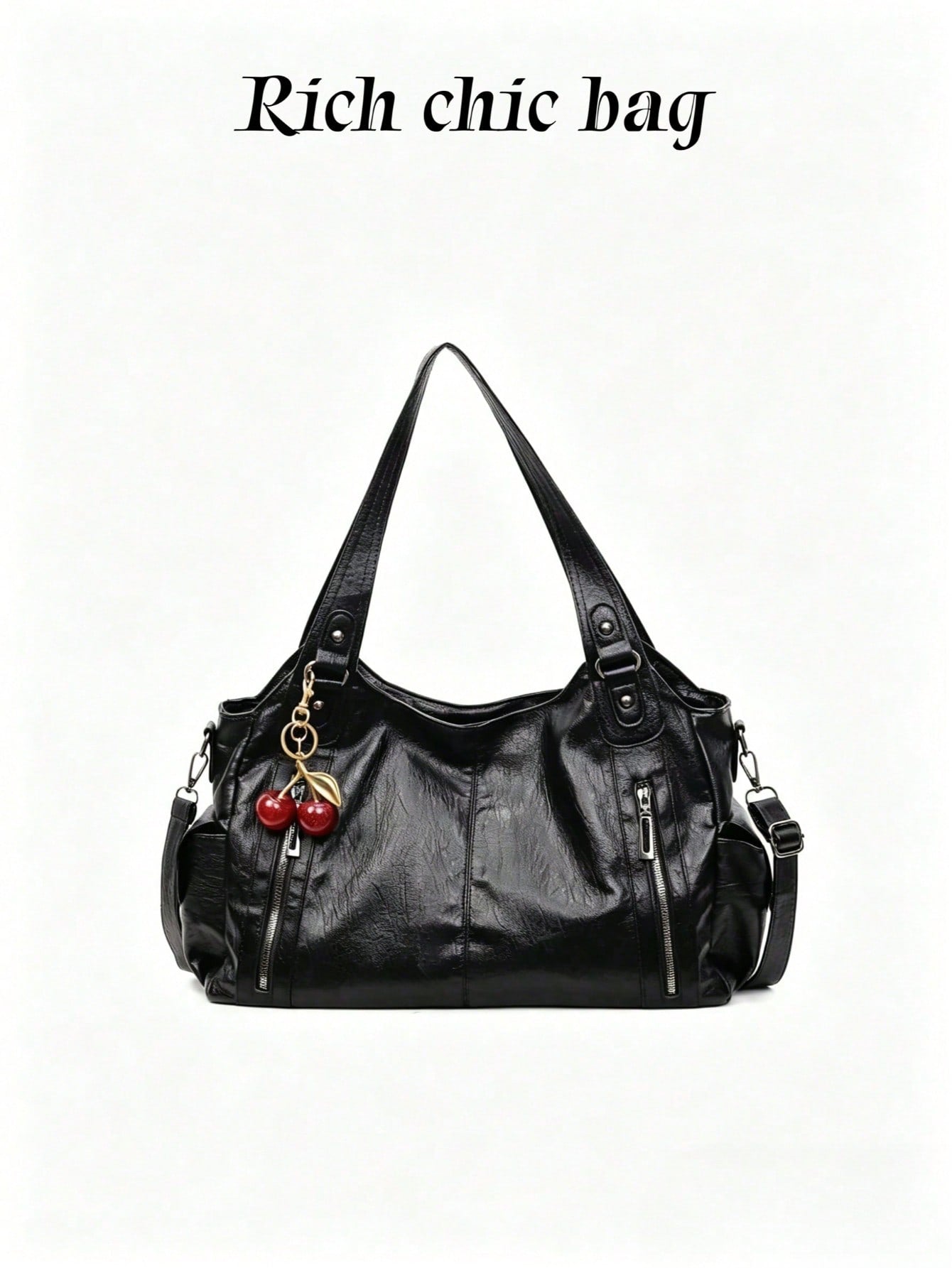 This Classic And Fashionable New Multi-Functional Black Color Shoulder Bag Is Designed With A Large Capacity Vintage PU Material,With Cherry Pendant