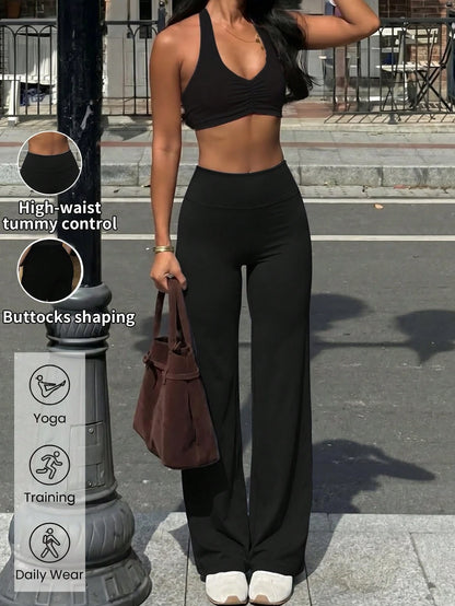 This Solid Color Yoga Wide-Leg Pants Are Comfortable And Slimming, Suitable For Running, Fitness, And Various Yoga Activities. Black Spring Sports, Athleisure