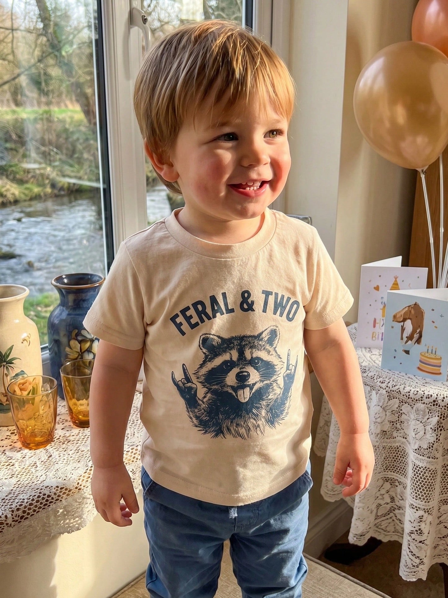 Toddler Boys Girls Birthday Shirts Short Sleeve Round Neck Raccoon Letter Print Tops Loose Fit Clothes 2-4Y