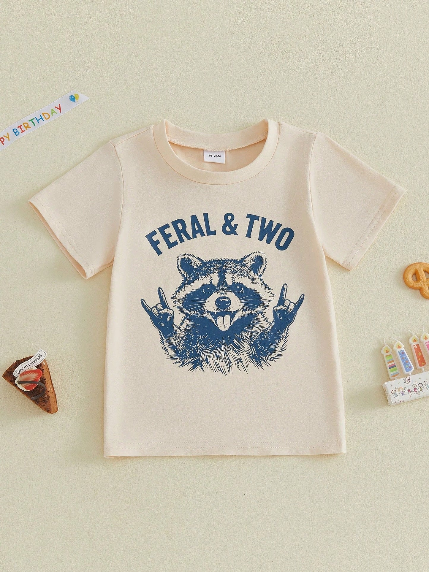 Toddler Boys Girls Birthday Shirts Short Sleeve Round Neck Raccoon Letter Print Tops Loose Fit Clothes 2-4Y