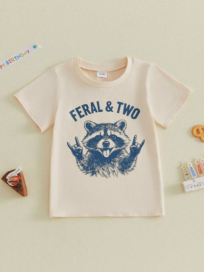 Toddler Boys Girls Birthday Shirts Short Sleeve Round Neck Raccoon Letter Print Tops Loose Fit Clothes 2-4Y