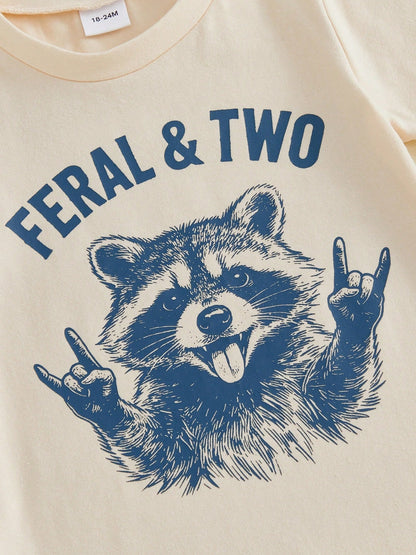Toddler Boys Girls Birthday Shirts Short Sleeve Round Neck Raccoon Letter Print Tops Loose Fit Clothes 2-4Y
