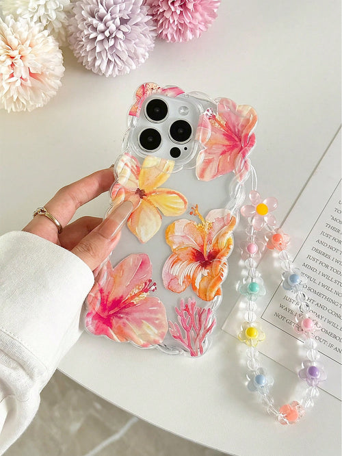 TPU Floral Element Novelty Cases Braided Wave Edge Elegant TPU Floral Lemon Painted Anti-Drop Phone Case With Handmade Beaded Bracelet, Compatible With IPhone 16/11/16Pro/16Plus/16ProMax/16E/15ProMax