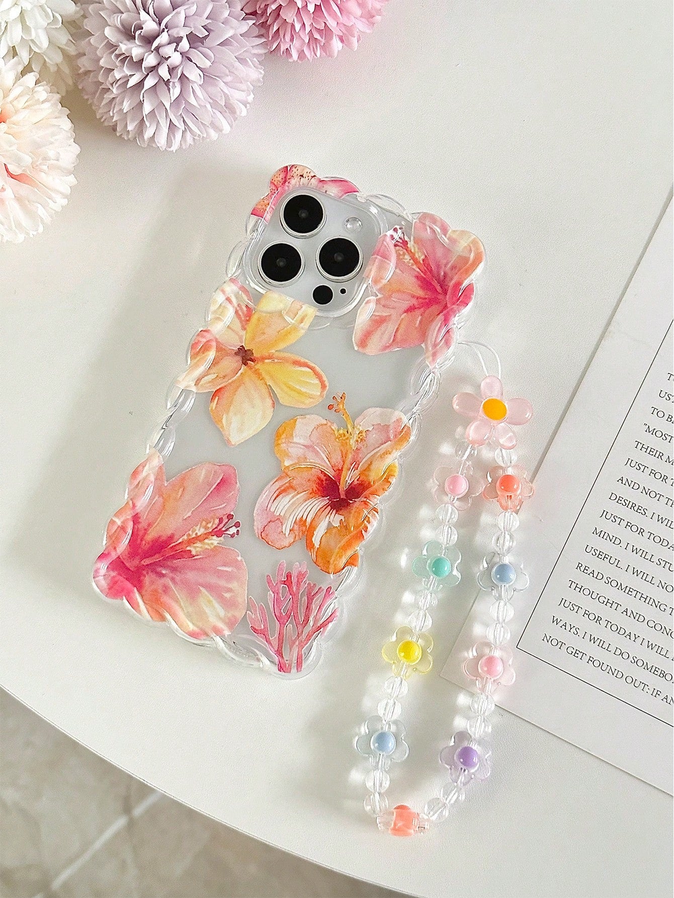 TPU Floral Element Novelty Cases Braided Wave Edge Elegant TPU Floral Lemon Painted Anti-Drop Phone Case With Handmade Beaded Bracelet, Compatible With IPhone 16/11/16Pro/16Plus/16ProMax/16E/15ProMax