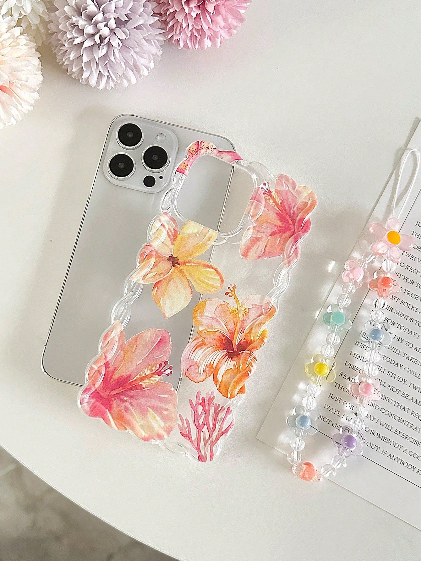 TPU Floral Element Novelty Cases Braided Wave Edge Elegant TPU Floral Lemon Painted Anti-Drop Phone Case With Handmade Beaded Bracelet, Compatible With IPhone 16/11/16Pro/16Plus/16ProMax/16E/15ProMax