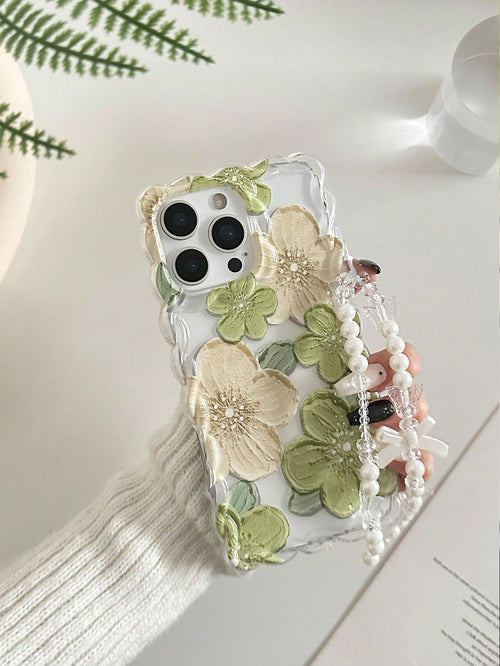 TPU Floral Element Novelty Cases Faux Pearl Painted Braided Wave Edge Elegant Protective Phone Case With Handmade Beaded Bracelet Accessory Compatible With IPhone 17Pro/17Air/17/17ProMax 16/11/16Pro/1