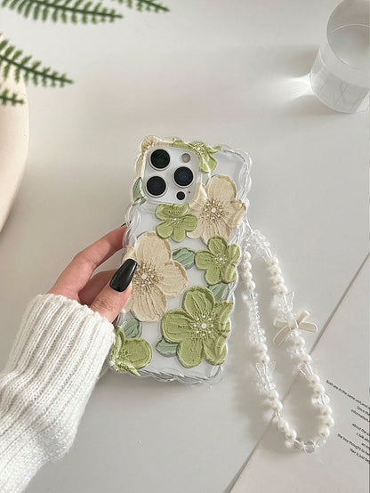 TPU Floral Element Novelty Cases Faux Pearl Painted Braided Wave Edge Elegant Protective Phone Case With Handmade Beaded Bracelet Accessory Compatible With IPhone 17Pro/17Air/17/17ProMax 16/11/16Pro/1