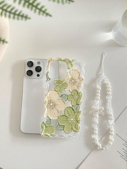 TPU Floral Element Novelty Cases Faux Pearl Painted Braided Wave Edge Elegant Protective Phone Case With Handmade Beaded Bracelet Accessory Compatible With IPhone 17Pro/17Air/17/17ProMax 16/11/16Pro/1