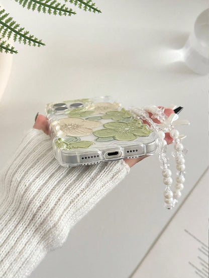 TPU Floral Element Novelty Cases Faux Pearl Painted Braided Wave Edge Elegant Protective Phone Case With Handmade Beaded Bracelet Accessory Compatible With IPhone 17Pro/17Air/17/17ProMax 16/11/16Pro/1