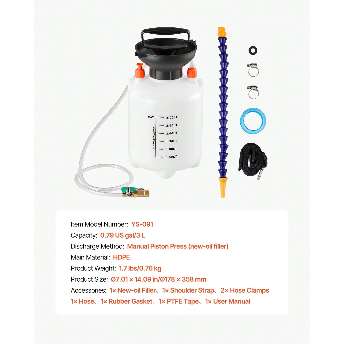 Transmission Fluid Pump, 3 L Capacity, Manual Fluid Transfer Pump With 47 In Long Horse & HDPE Tank, Transmission Oil Pump With PTFE Tape, Manual Automotive Oil Filling System For Cars, Boats