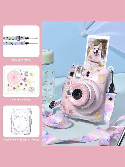 Transparent Protective Case For Fujifilm Insta X Mini 12/ Mini 12 Instant Camera, Hard PVC Material, With Photo Pocket, Can Store 10 Photos- Comes With Shoulder Strap And Camera Stickers- Pink (Stic