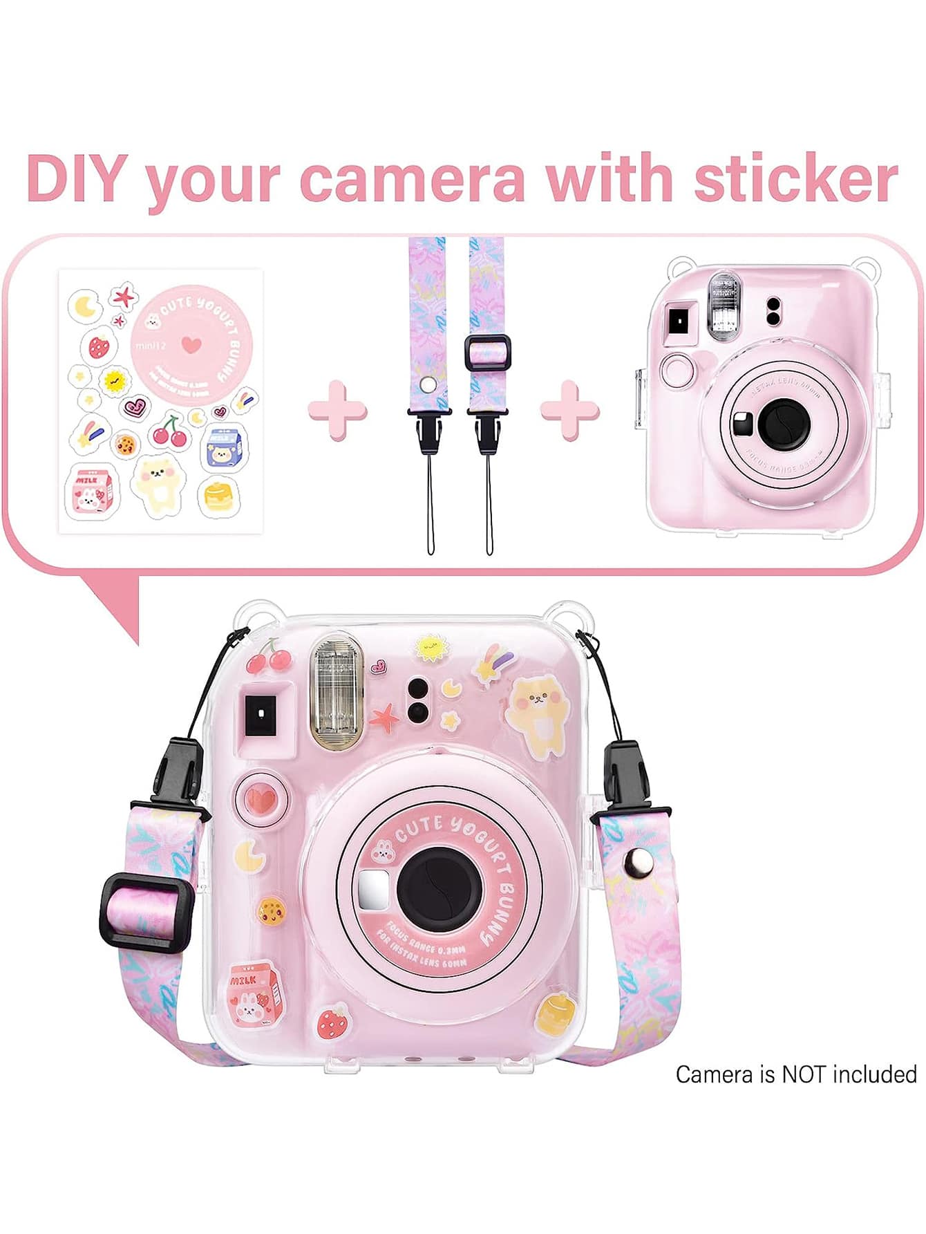 Transparent Protective Case For Fujifilm Insta X Mini 12/ Mini 12 Instant Camera, Hard PVC Material, With Photo Pocket, Can Store 10 Photos- Comes With Shoulder Strap And Camera Stickers- Pink (Stic